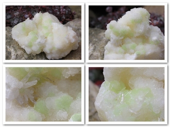 Light green adamite crystals on snow white calcite