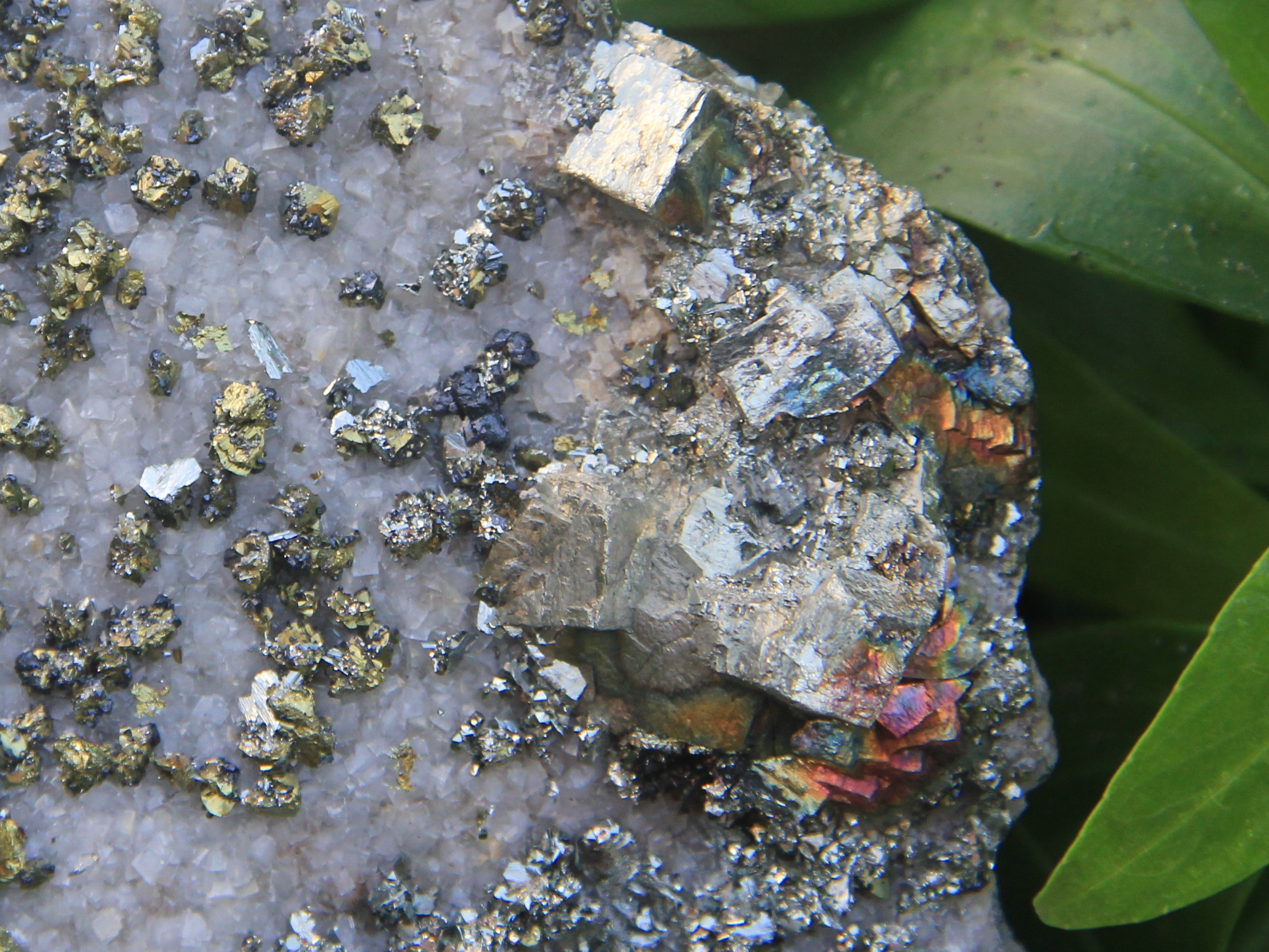 Marcasite, pyrite, and chalcopyrite crystals