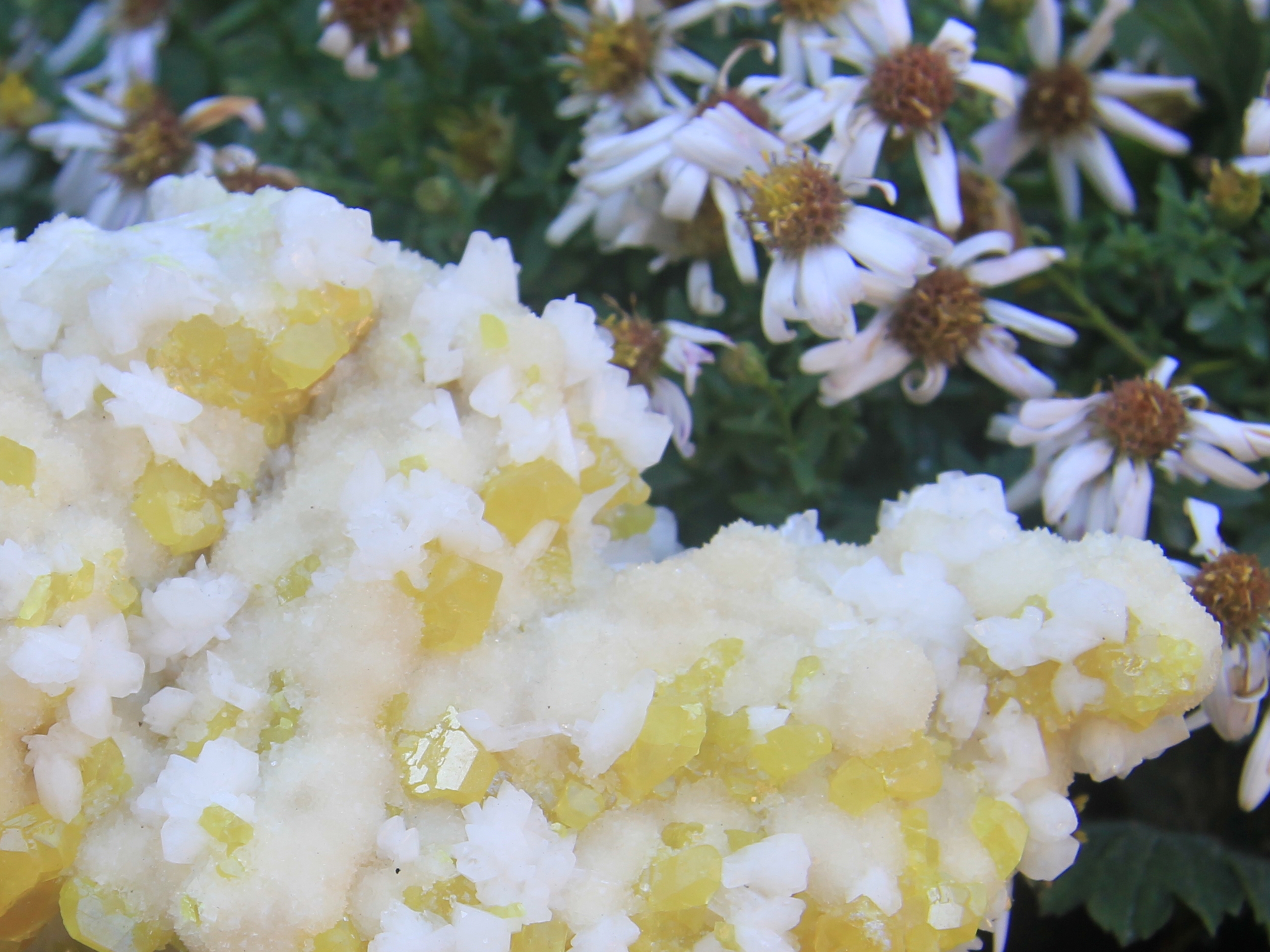 Sulphur crystals and calcite
